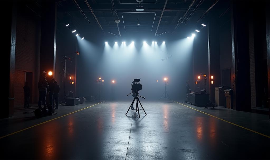 Cinematic view of a production studio or equipment